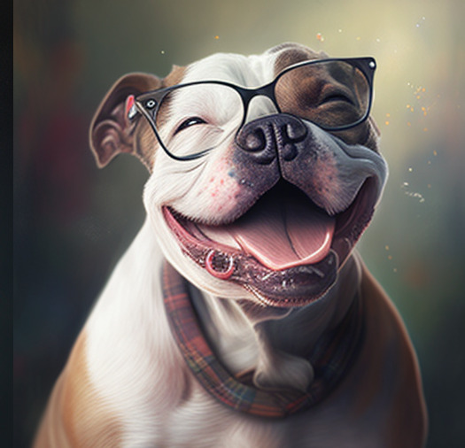 american bully de óculos sorrindo