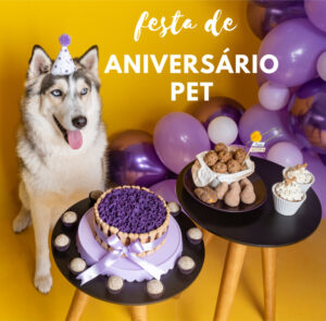 cachorro comemorando seu aniversario com bolo e festa