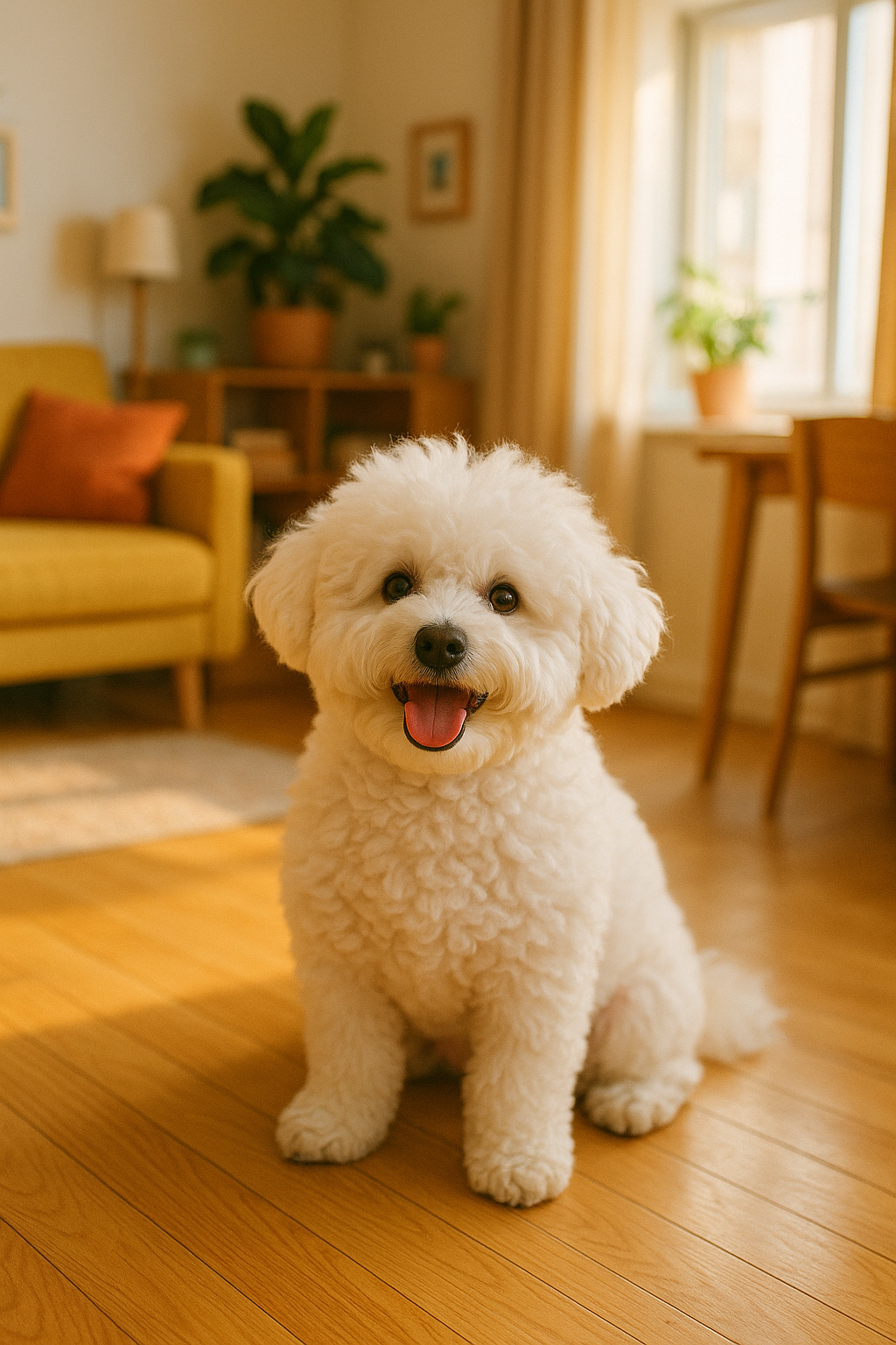 Cachorro da raça Bichon Frisé alegre e brincando, ideal para quem busca raças que não soltam pelo