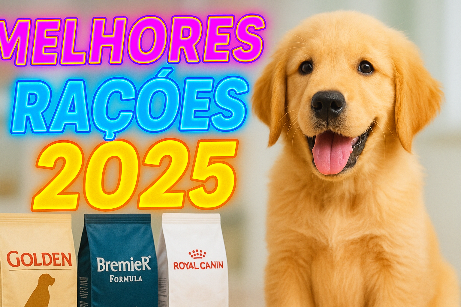 Golden Retriever filhote feliz ao lado de pacotes das melhores rações de 2025