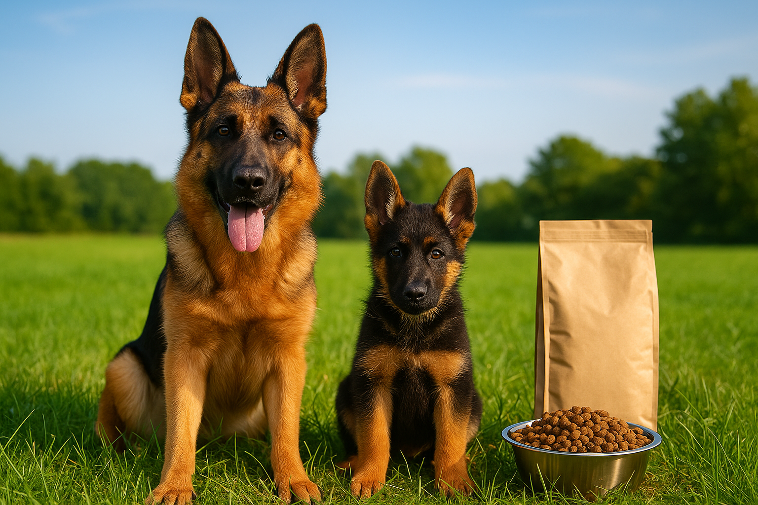 Pastor Alemão adulto e filhote sentados em campo verde ao lado de tigela de ração, sob sol, com pelagem brilhante e saudável – melhor ração para Pastor Alemão 2025