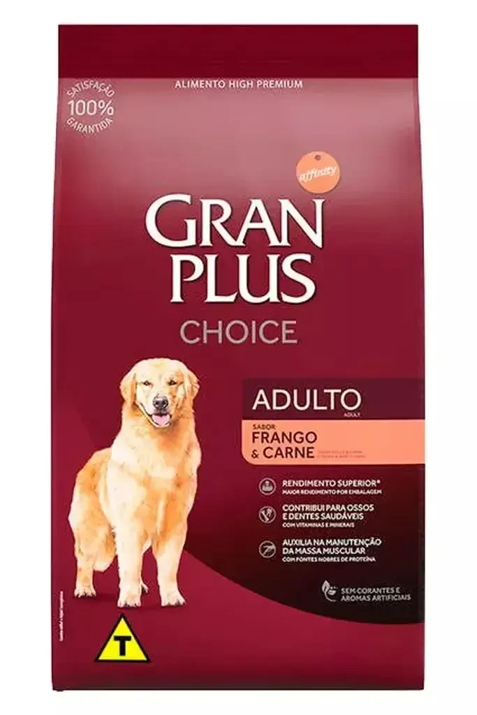 Ração GranPlus Choice para filhotes com imagem de Golden Retriever na embalagem