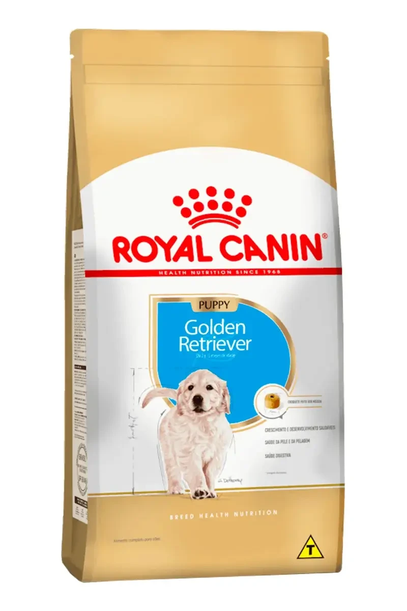 Filhote de Golden Retriever ao lado da ração Royal Canin específica para 2025