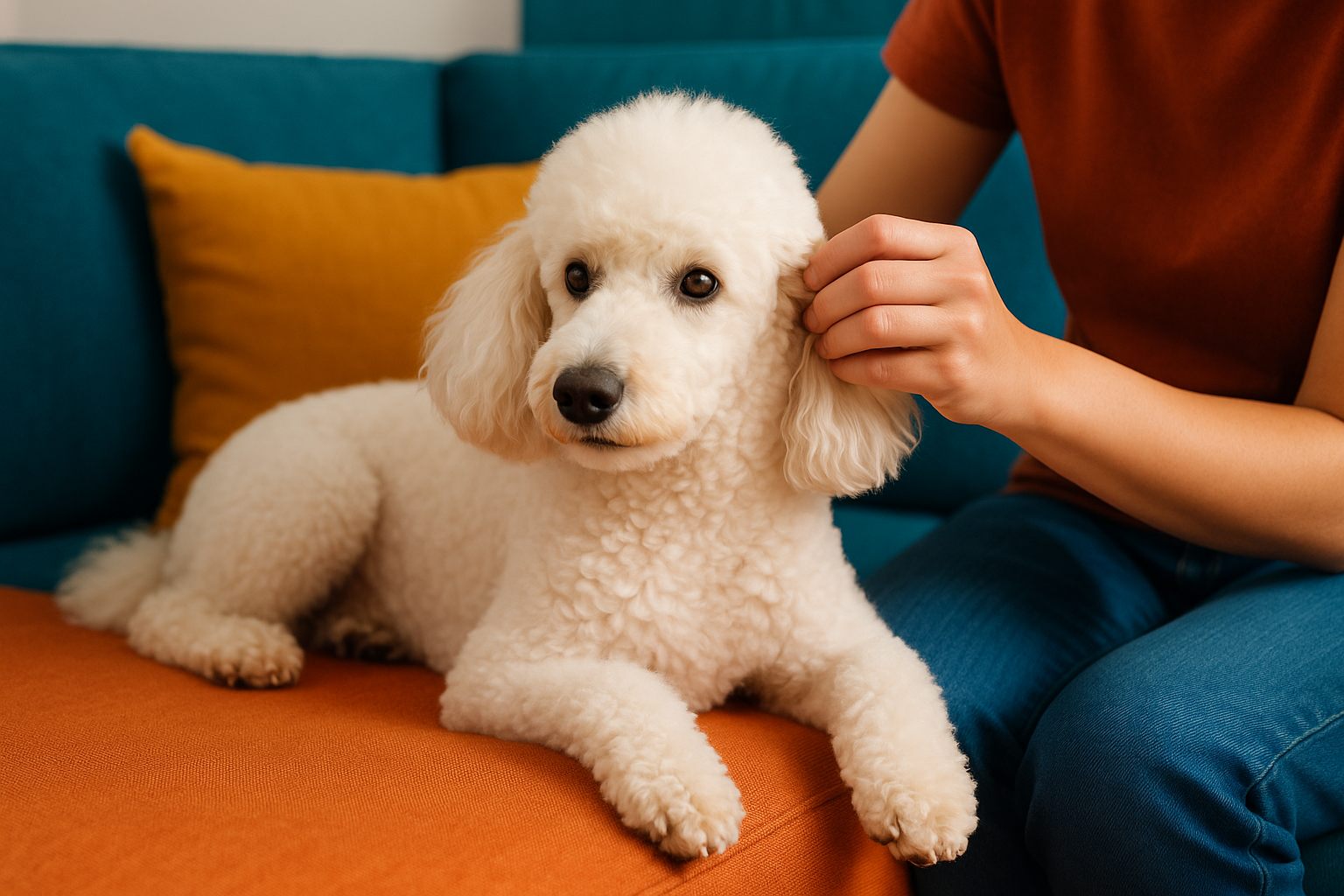 "Tutor examinando a orelha de um poodle branco para aplicar remédio caseiro e aliviar dor de ouvido causada por infecção"