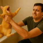 Cena engraçada de gato filhote resistindo ao banho, com tutor segurando acima da banheira