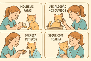 Ilustração engraçada de gato berrando com patas esticadas sendo segurado acima de uma banheira