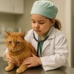 criança vestida de veterinaria cuidando do seu gato com insuficiencia renal cronica