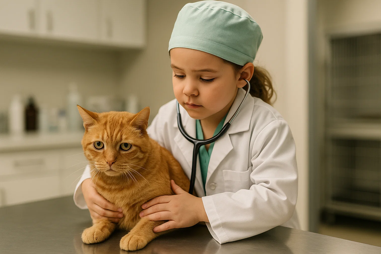 criança vestida de veterinaria cuidando do seu gato com insuficiencia renal cronica