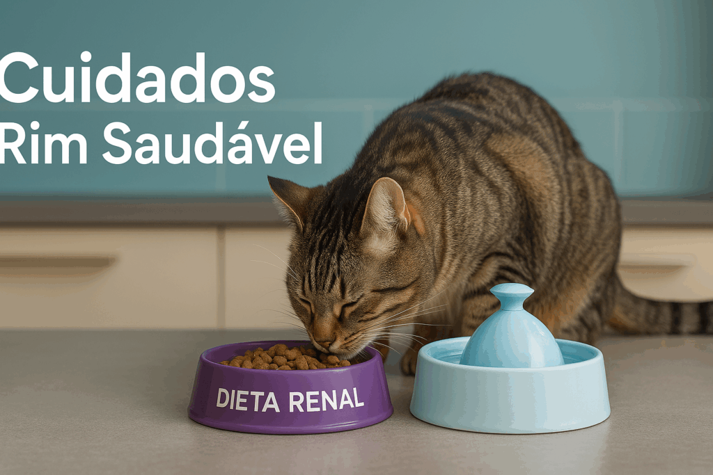 Gato listrado comendo ração renal ao lado de fonte de água — cuidados para insuficiência renal estágio 2