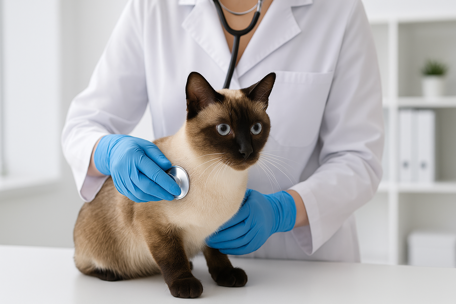 Gato siamês sendo examinado com estetoscópio por veterinário em clínica — cuidados para insuficiência renal em felinos